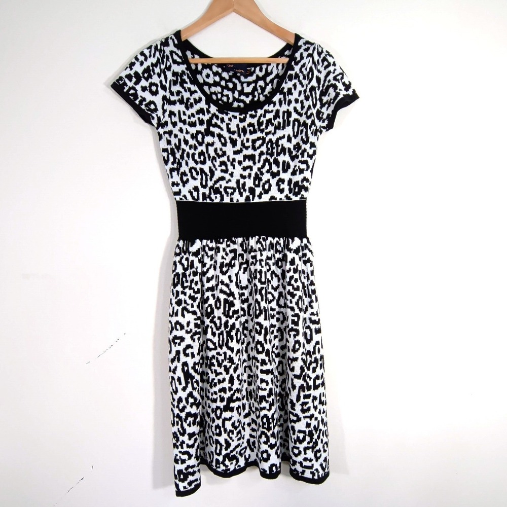 Just Taylor Black White Sweater Dress; Animal Print Short Sleeve Fit & Flare